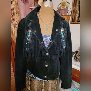 🐦 **SOLD**VINTAGE SCULLY BLACK LEATHER SUEDE FRINGE TURQUOISE JACKET SIZE SMALL